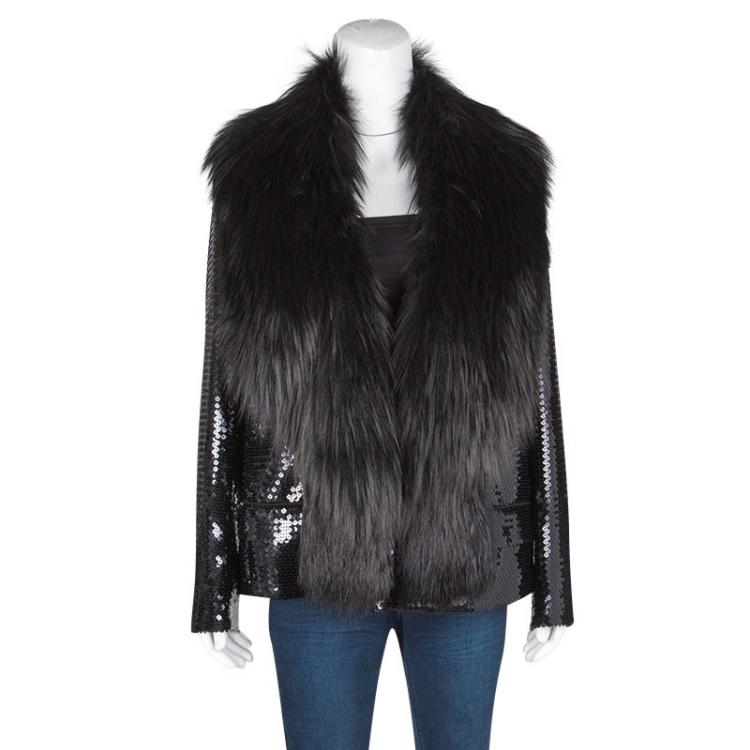 Pre Owned Dolce and Gabbana Black Sequin Paillette Embellished Fox Fur Collar Jacket M