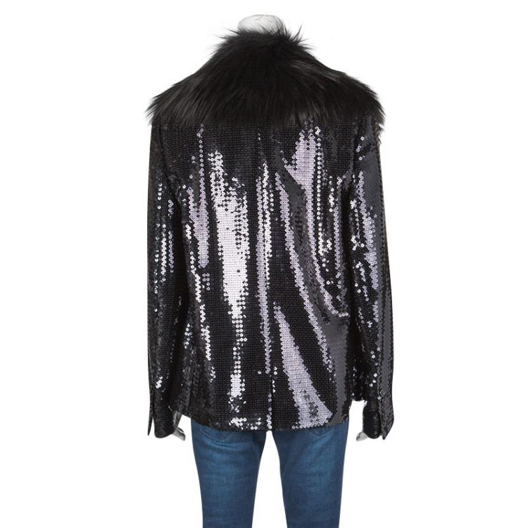 Pre Owned Dolce and Gabbana Black Sequin Paillette Embellished Fox Fur Collar Jacket M