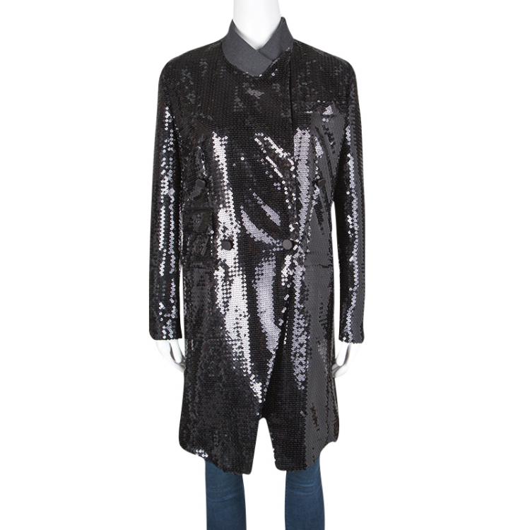 Pre Owned Dolce and Gabbana Black Sequin Paillette Embellished Velvet Trim Double Breasted Coat S