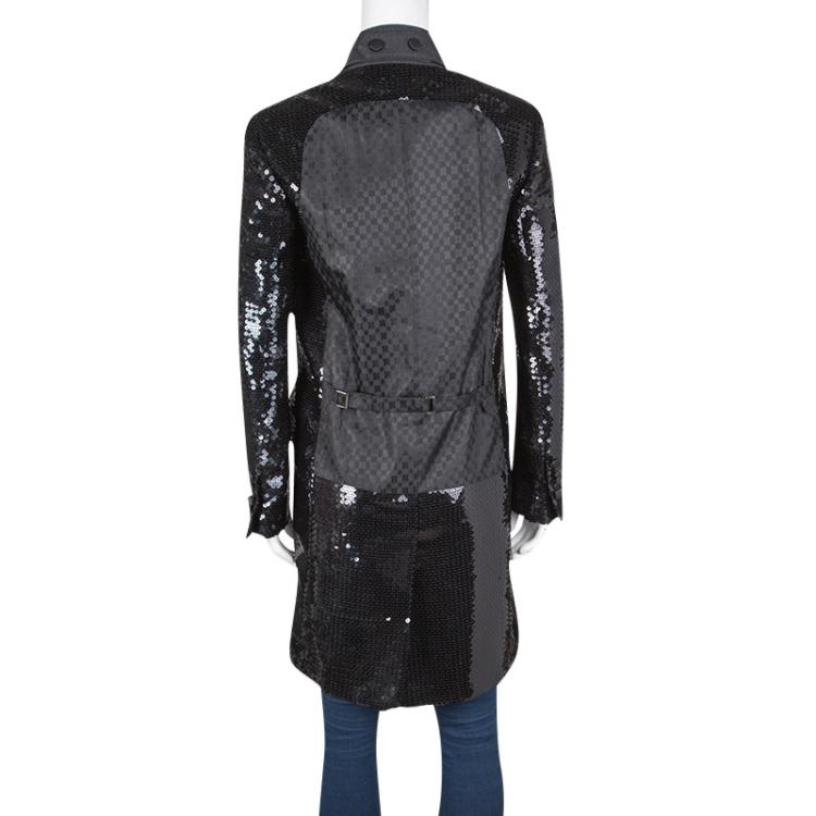 Pre Owned Dolce and Gabbana Black Sequin Paillette Embellished Velvet Trim Double Breasted Coat S