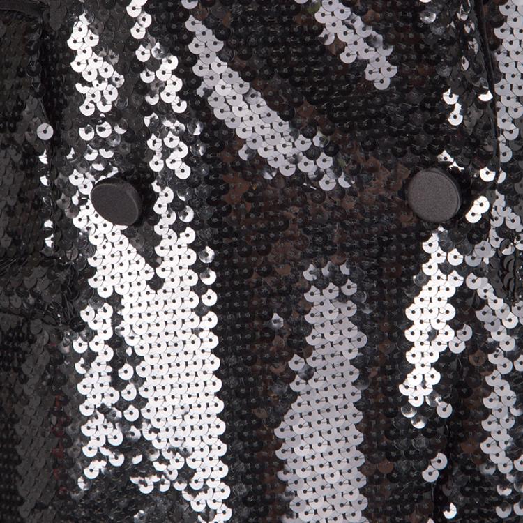 Pre Owned Dolce and Gabbana Black Sequin Paillette Embellished Velvet Trim Double Breasted Coat S