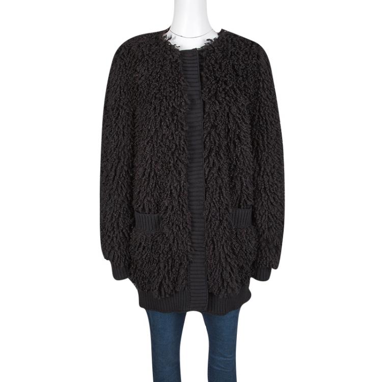 Pre Owned Dolce and Gabbana Black Wool Fringe Rib Trim Shaggy Coat L