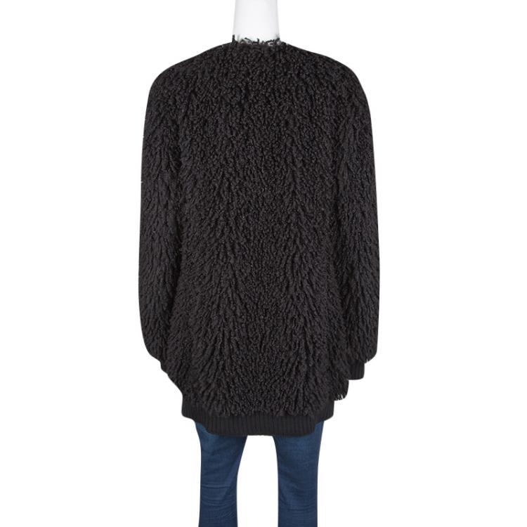 Pre Owned Dolce and Gabbana Black Wool Fringe Rib Trim Shaggy Coat L
