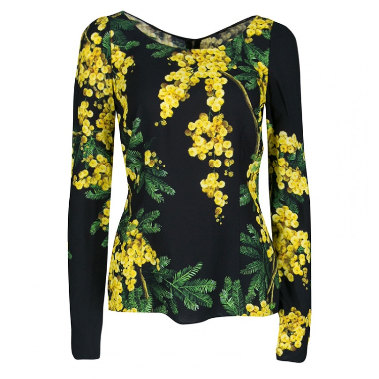 Pre Owned Dolce and Gabbana Black and Yellow Floral Acacia Print Long Sleeve Top M