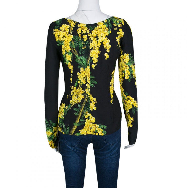 Pre Owned Dolce and Gabbana Black and Yellow Floral Acacia Print Long Sleeve Top M