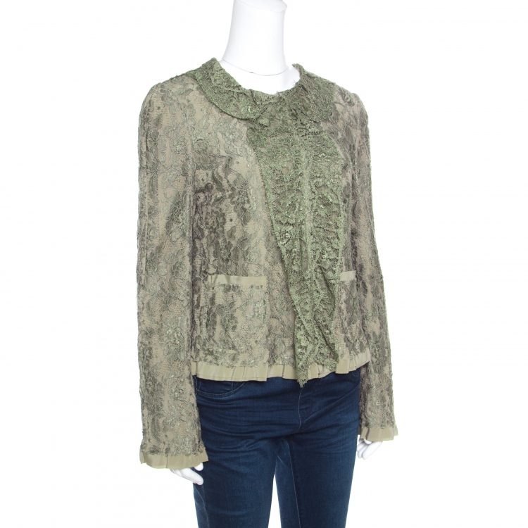 Pre Owned Dolce and Gabbana Olive Green Floral Lace Ruffle Trim Jacket M
