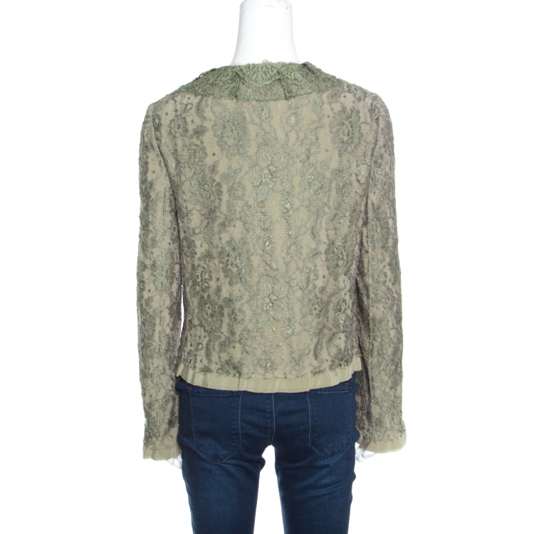 Pre Owned Dolce and Gabbana Olive Green Floral Lace Ruffle Trim Jacket M