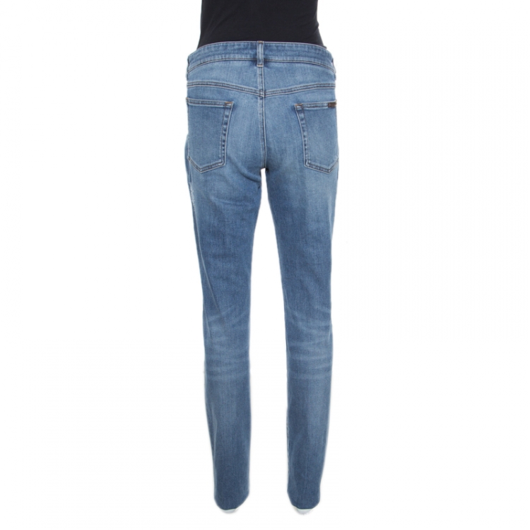 Pre Owned Dolce and Gabbana Indigo Faded Effect Distressed Pretty Jeans L