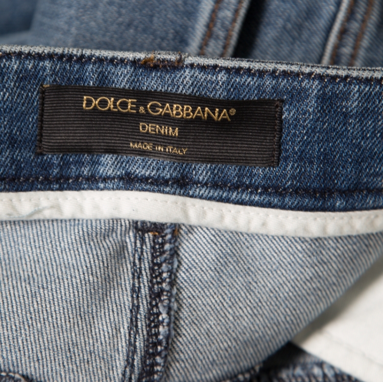 Pre Owned Dolce and Gabbana Indigo Faded Effect Distressed Pretty Jeans L