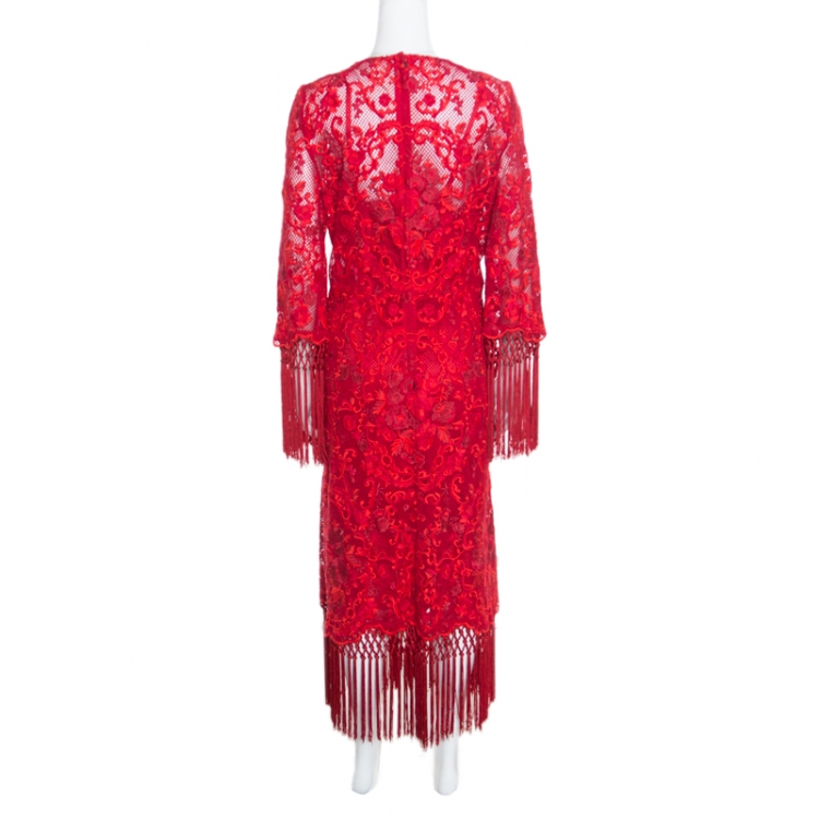 Pre Owned Dolce and Gabbana Red Carnation Patterned Cotton Guipure Lace Fringed Maxi Dress XL