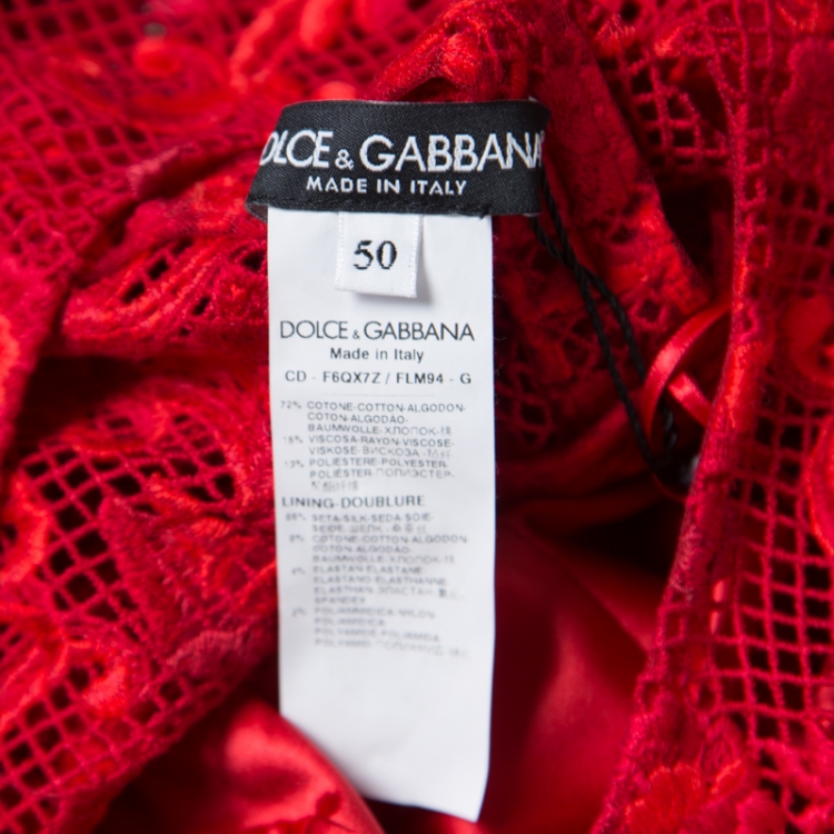 Pre Owned Dolce and Gabbana Red Carnation Patterned Cotton Guipure Lace Fringed Maxi Dress XL