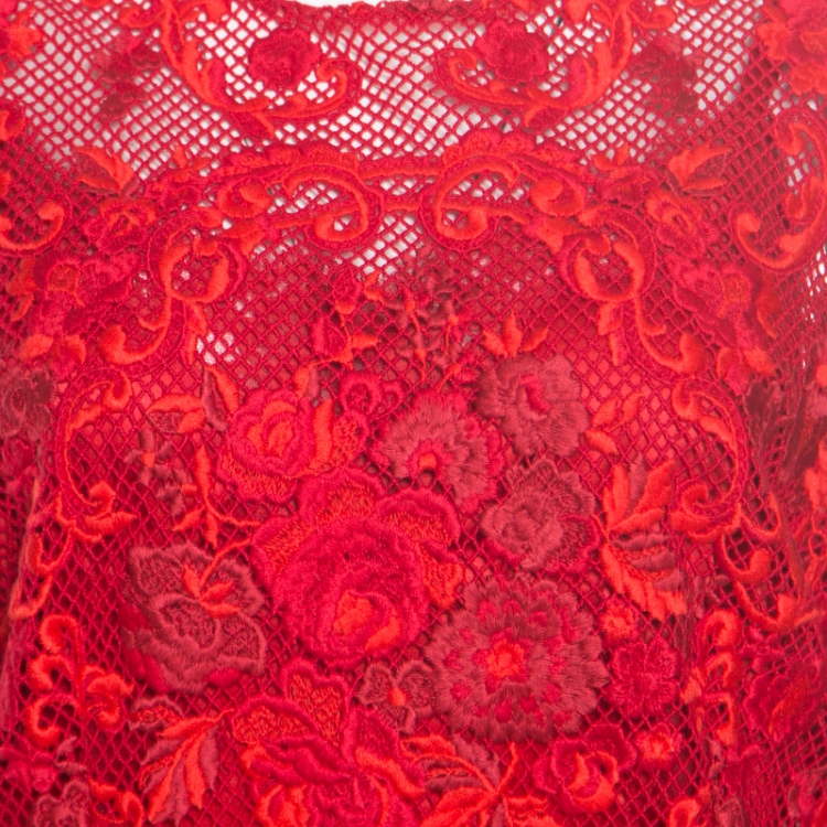 Pre Owned Dolce and Gabbana Red Carnation Patterned Cotton Guipure Lace Fringed Maxi Dress XL