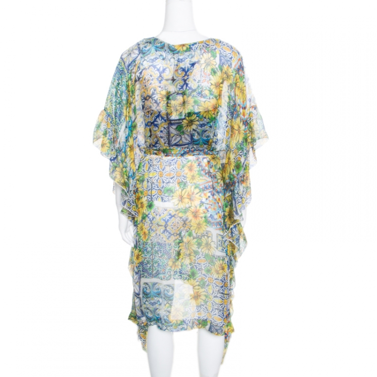 Pre Owned Dolce and Gabbana Yellow Floral Printed Sheer Silk Belted Kaftan M