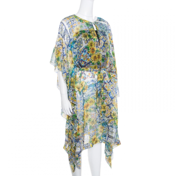 Pre Owned Dolce and Gabbana Yellow Floral Printed Sheer Silk Belted Kaftan M