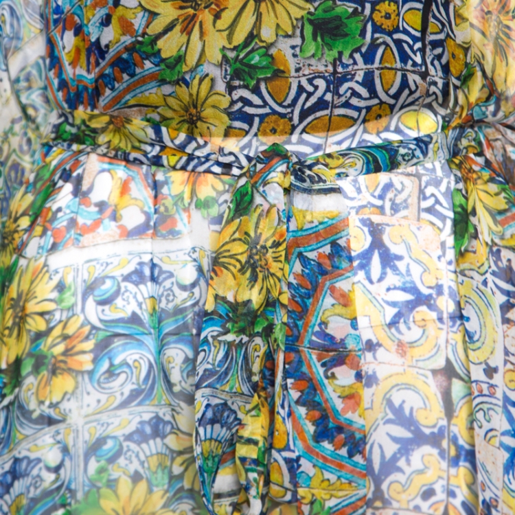 Pre Owned Dolce and Gabbana Yellow Floral Printed Sheer Silk Belted Kaftan M