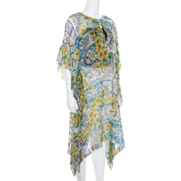 Pre Owned Dolce and Gabbana Yellow Floral Printed Sheer Silk Kaftan L