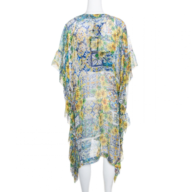 Pre Owned Dolce and Gabbana Yellow Floral Printed Sheer Silk Kaftan L