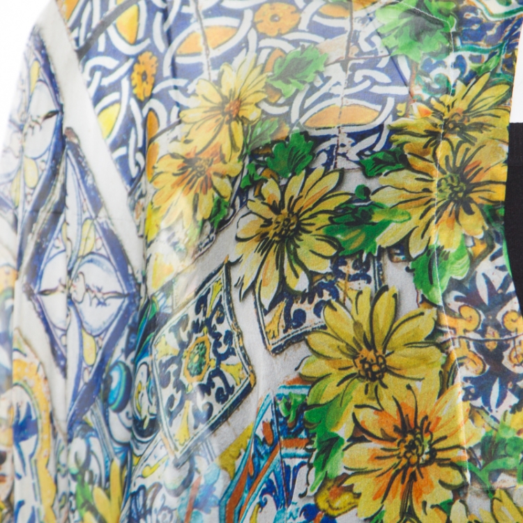 Pre Owned Dolce and Gabbana Yellow Floral Printed Sheer Silk Kaftan L