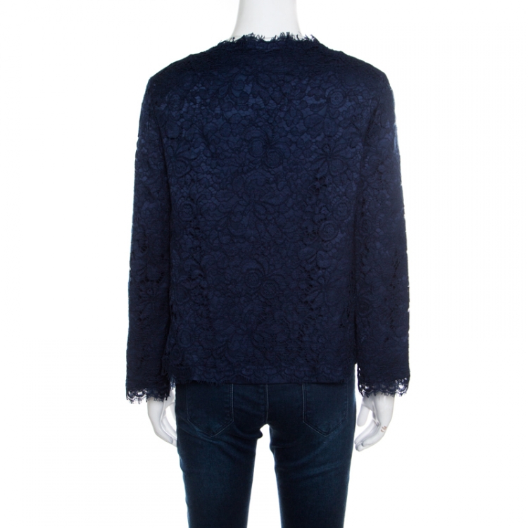 Pre Owned Dolce and Gabbana Navy Blue Floral Lace Scalloped Edge Box Jacket M
