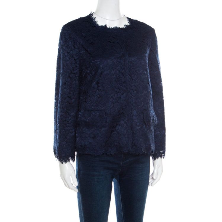 Pre Owned Dolce and Gabbana Navy Blue Floral Lace Scalloped Edge Box Jacket M
