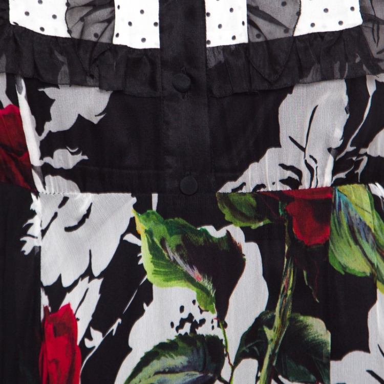 Pre Owned Dolce and Gabbana Black Floral Printed Silk Contrast Bib Detail Long Sleeve Maxi Dress L