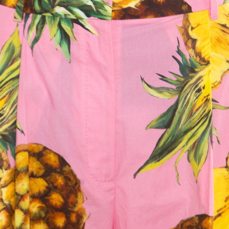 Pre Owned Dolce and Gabbana Pink Pineapple Printed Cotton High Waist Wide Leg Cropped Pants M