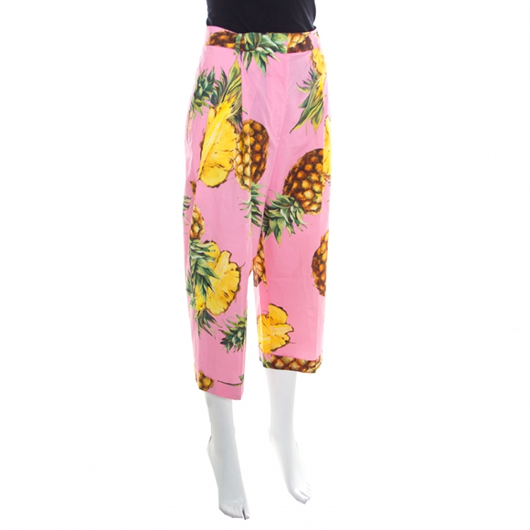 Pre Owned Dolce and Gabbana Pink Pineapple Printed Cotton High Waist Wide Leg Cropped Pants M