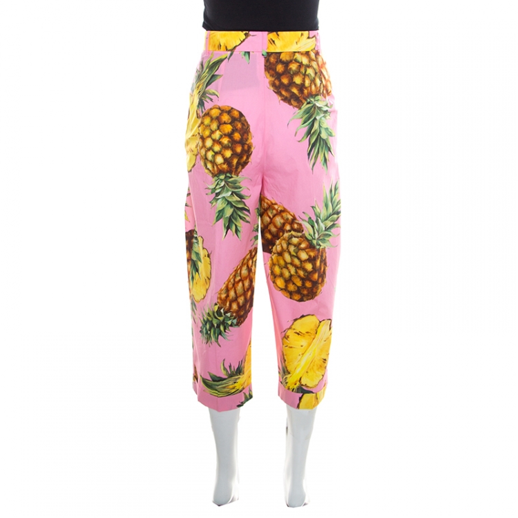 Pre Owned Dolce and Gabbana Pink Pineapple Printed Cotton High Waist Wide Leg Cropped Pants M