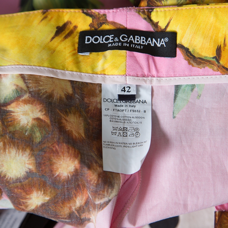 Pre Owned Dolce and Gabbana Pink Pineapple Printed Cotton High Waist Wide Leg Cropped Pants M