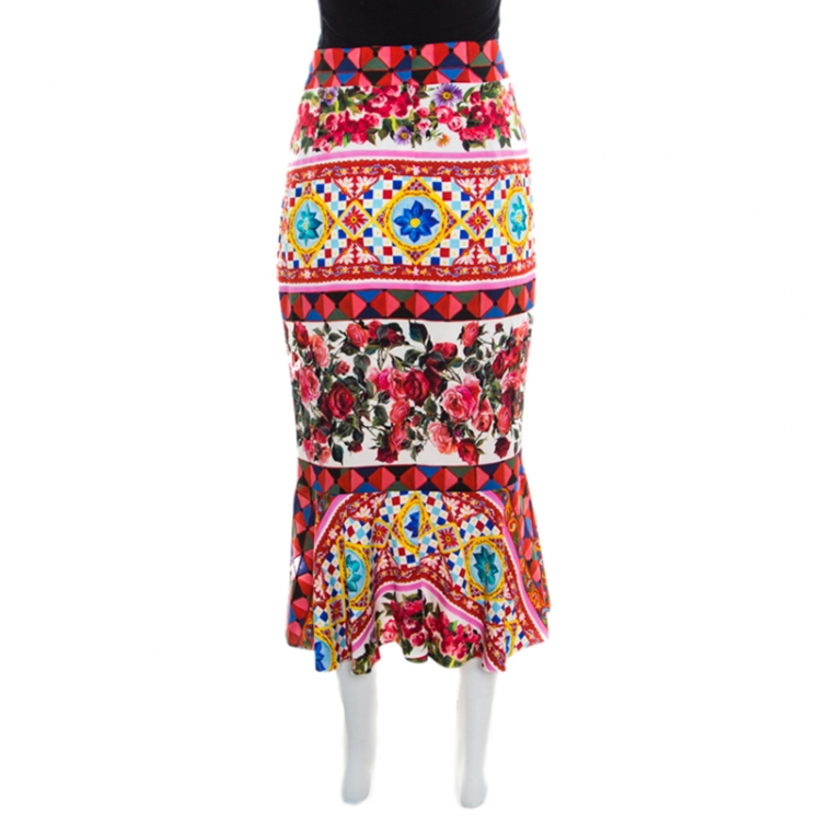 Pre Owned Dolce and Gabbana Multicolor Printed Silk Mambo Flounce Skirt M