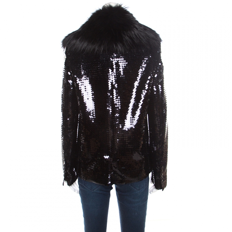 Pre Owned Dolce & Gabbana Black Sequin Paillette Embellished Fox Fur Collar Jacket S