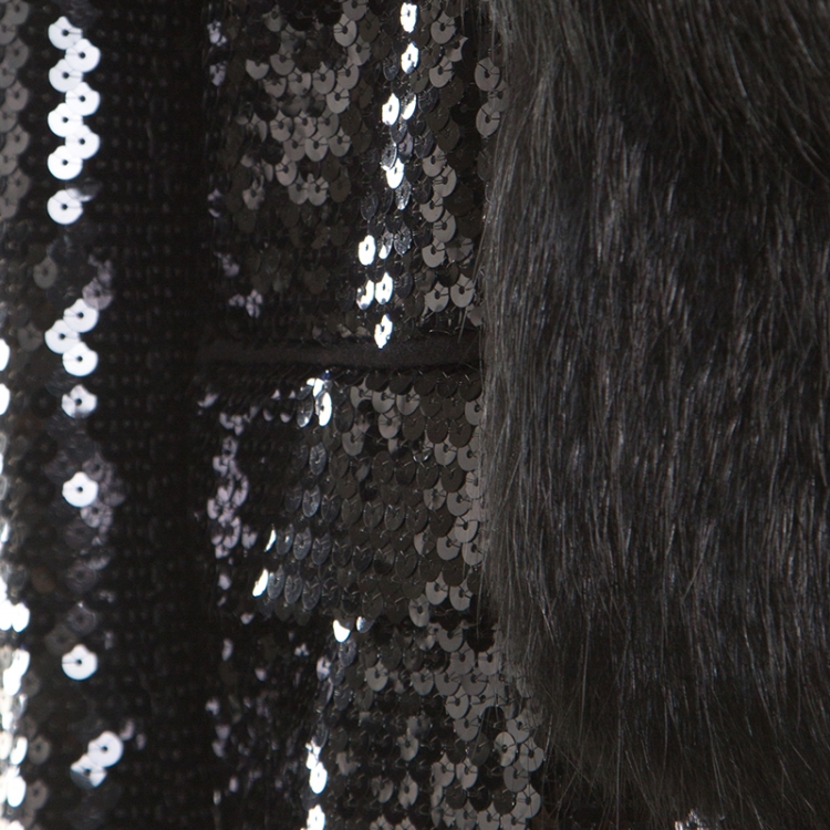 Pre Owned Dolce & Gabbana Black Sequin Paillette Embellished Fox Fur Collar Jacket S