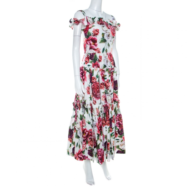 Pre Owned Dolce & Gabbana Multicolor Peony Print Cotton Poplin Cold Shoulder Midi Dress S
