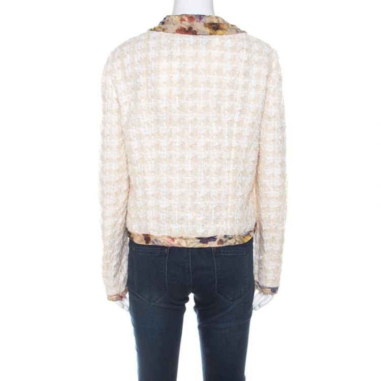 Pre Owned Dolce & Gabbana Cream Cotton Silk Tweed Floral Trim Blazer M