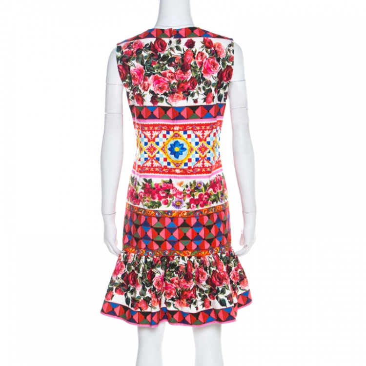 Pre Owned Dolce and Gabbana Multicolor Print Textured Cotton Mambo Flounce Dress M