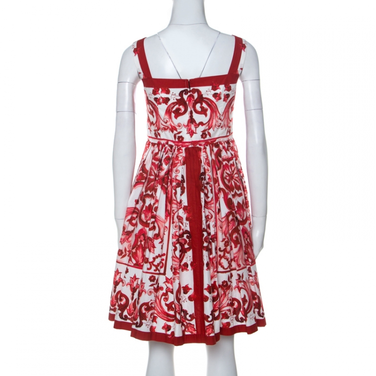Pre Owned Dolce and Gabbana Red and White Floral Printed Sicilian Dress M