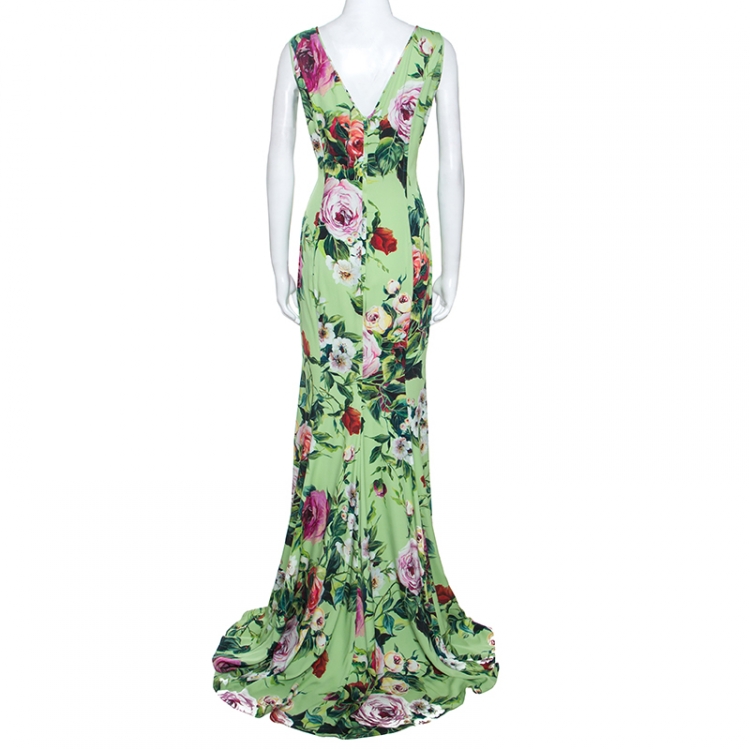 Pre Owned Dolce and Gabbana Green Floral Print Sleeveless Maxi Dress M