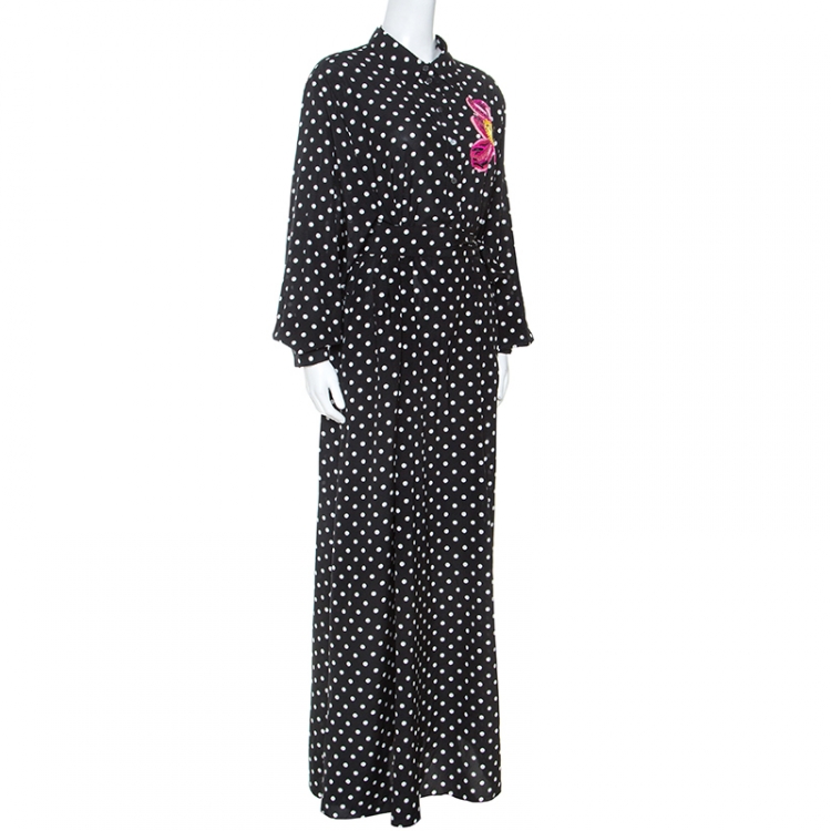 Pre Owned Dolce and Gabbana Black Polka Dot Silk  Applique Detail Maxi Dress XL