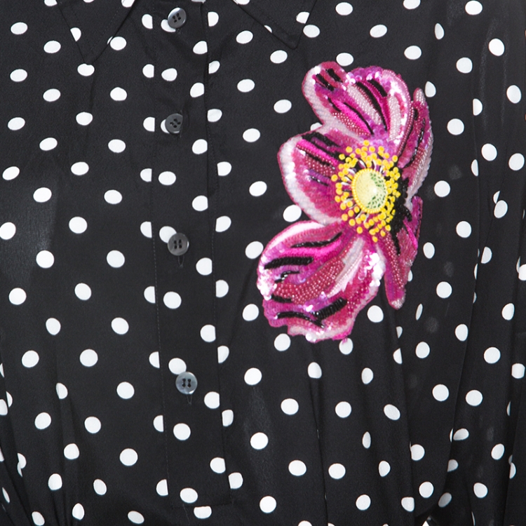 Pre Owned Dolce and Gabbana Black Polka Dot Silk  Applique Detail Maxi Dress XL