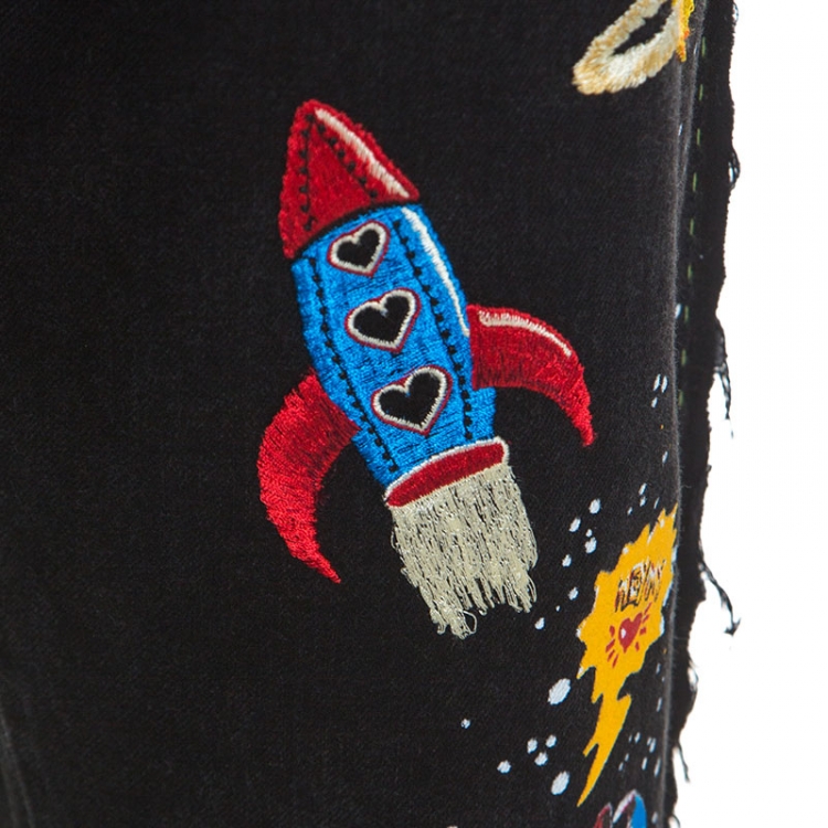 Pre Owned Dolce and Gabbana Black Denim Embroidered Boyfriend Jeans L