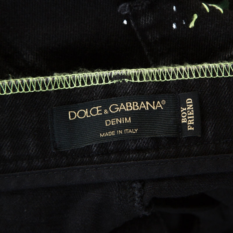 Pre Owned Dolce and Gabbana Black Denim Embroidered Boyfriend Jeans L