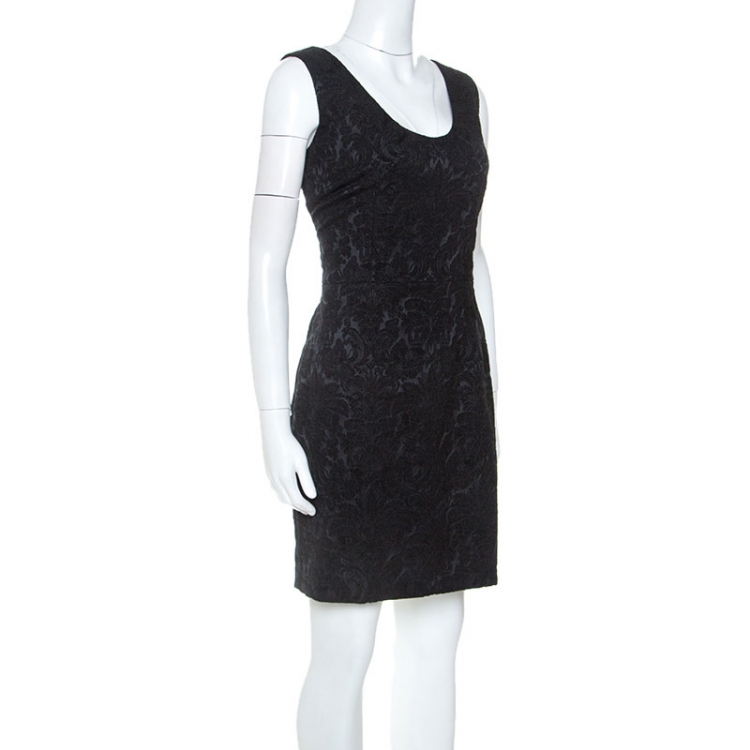 Pre Owned Dolce and Gabbana Black Stretch Satin Brocade Short Dress L