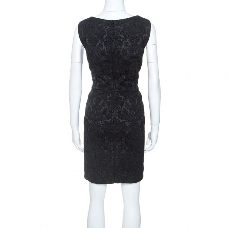 Pre Owned Dolce and Gabbana Black Stretch Satin Brocade Short Dress L