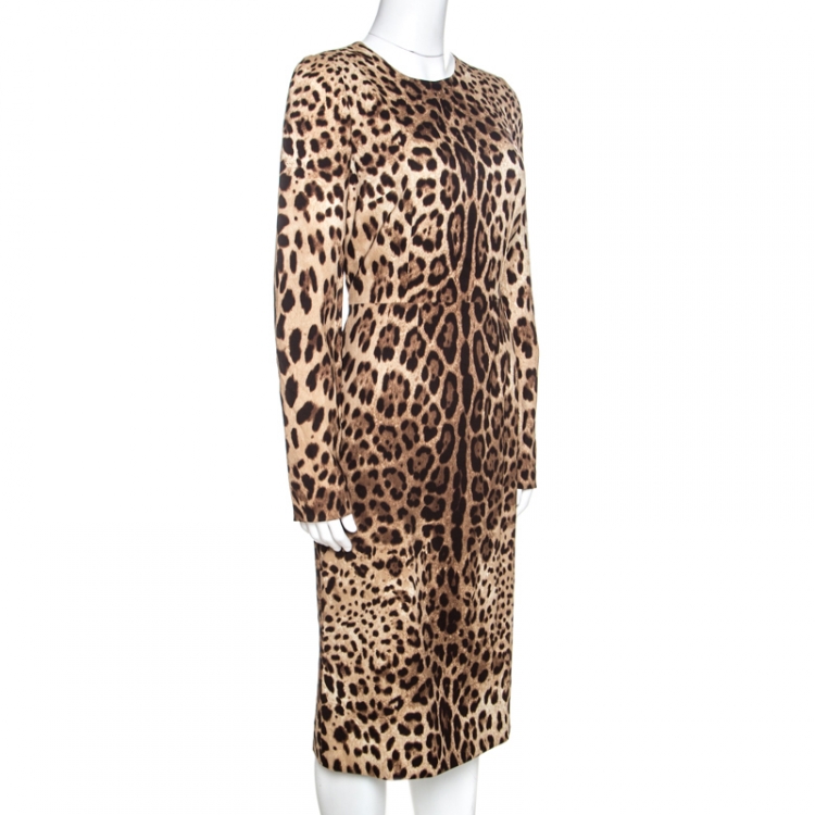 مملوكة مسبقًا Dolce & Gabbana Brown Leopard Print Silk Sheath Dress M