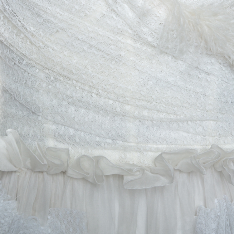 Pre Owned Dolce & Gabbana Off White Silk Feather Trim Ruffle Detail Gown M