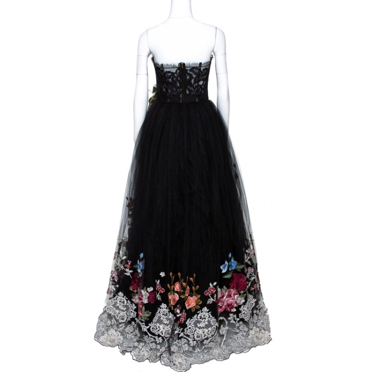 Pre Owned Dolce & Gabbana Black Floral Lace Overlay Strapless Ball Gown M