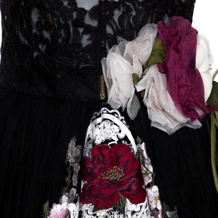 Pre Owned Dolce & Gabbana Black Floral Lace Overlay Strapless Ball Gown M