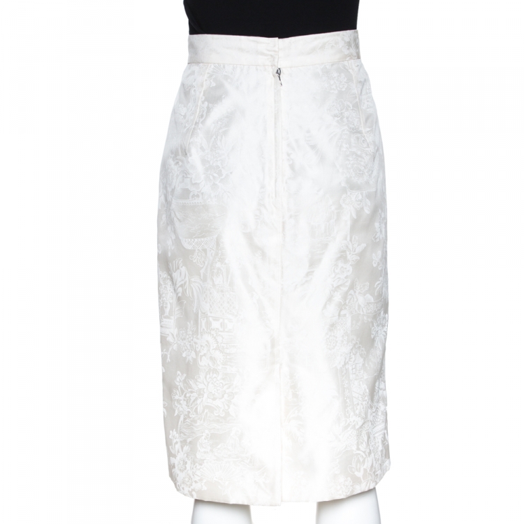 Pre Owned Dolce & Gabbana Cream Oriental Print Silk Skirt M