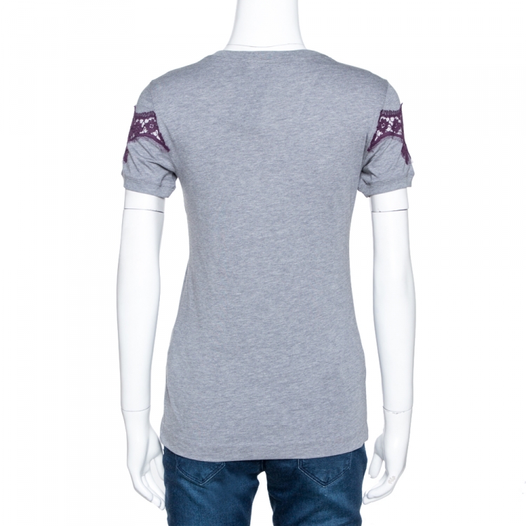 Pre Owned Dolce & Gabbana Grey Cotton Lace Trim Detail T-Shirt S