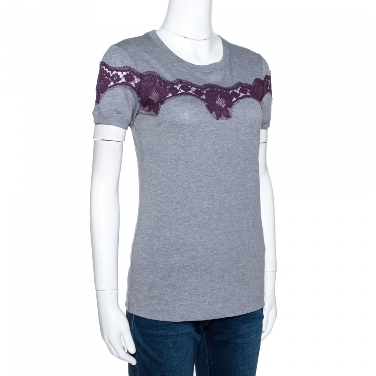 Pre Owned Dolce & Gabbana Grey Cotton Lace Trim Detail T-Shirt S